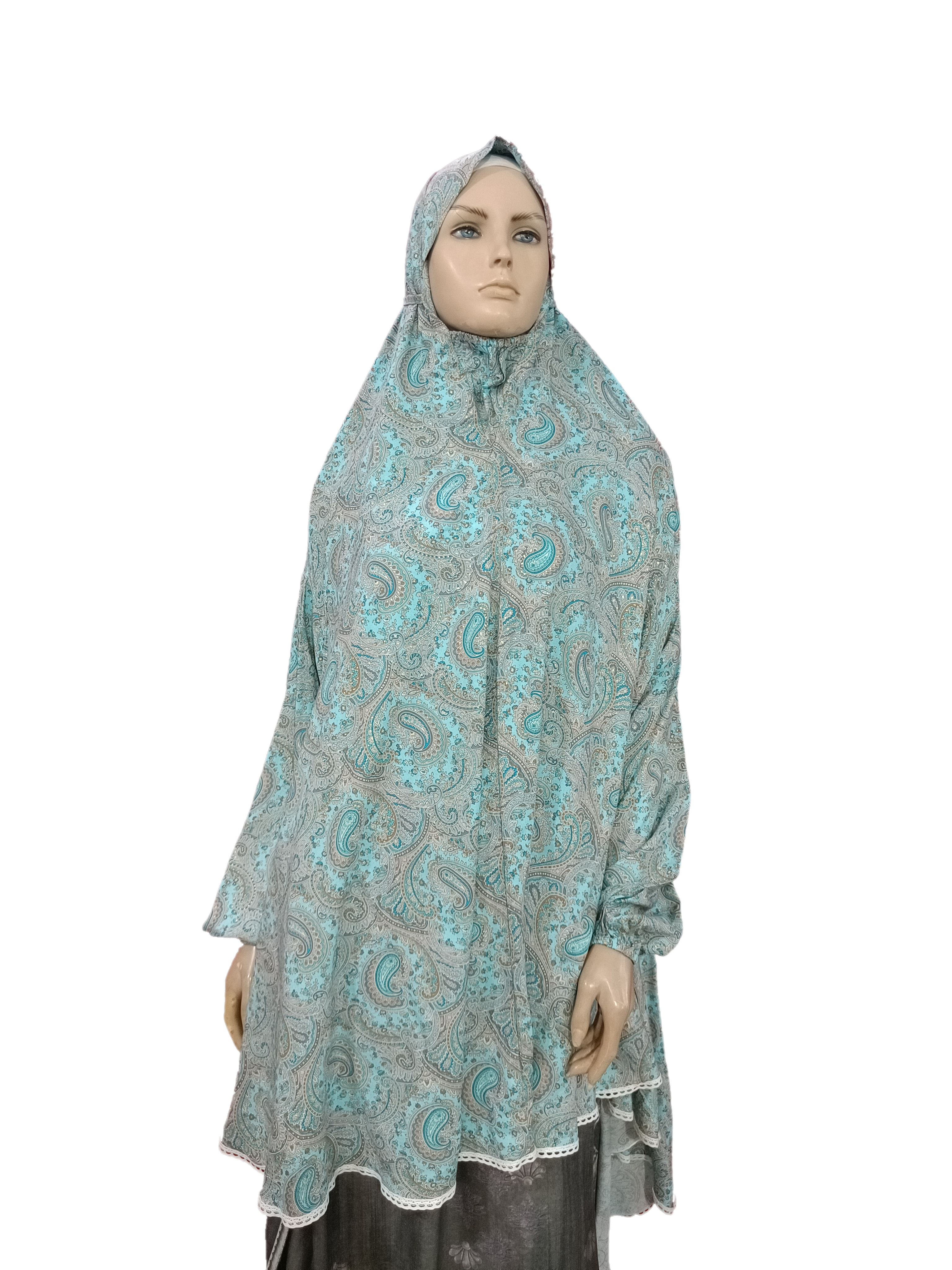 Premium Printed Namaz / Salah Hijab With Sleeves and Lace (Free Size) - B001P014
