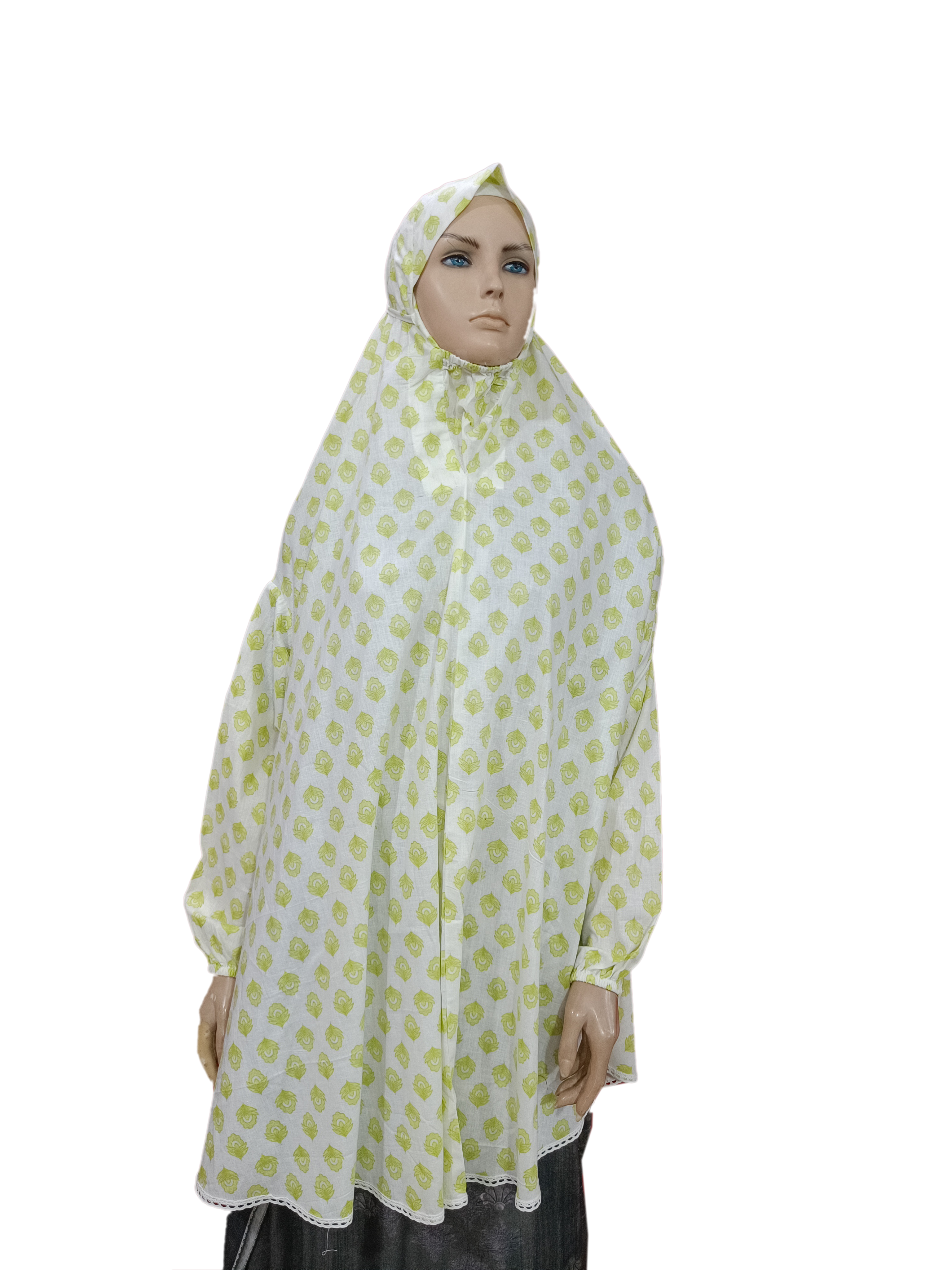 Premium Printed Namaz / Salah Hijab With Sleeves and Lace (Free Size) - B001P020