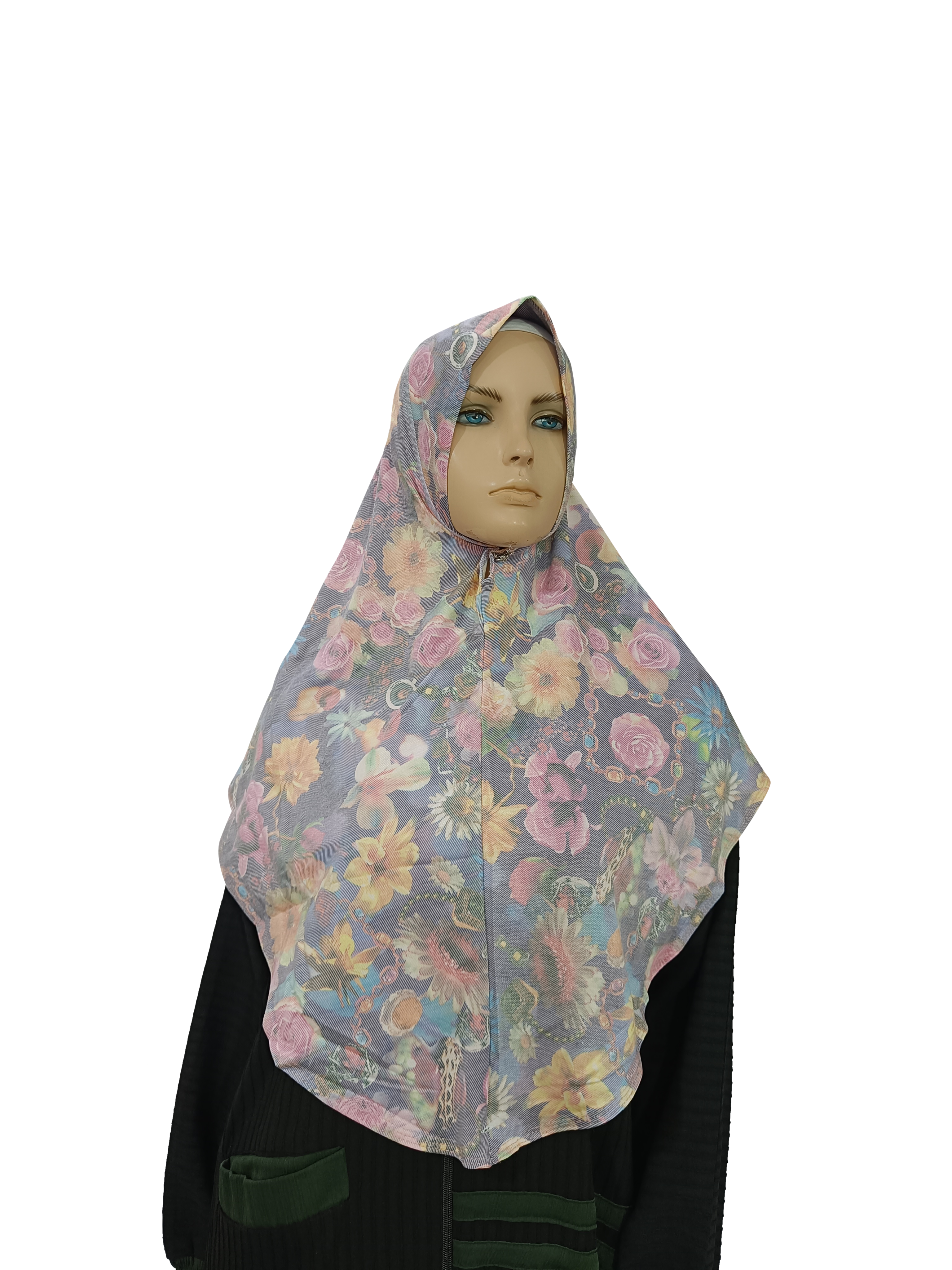 Denim Floral Printed Hijab - B005005